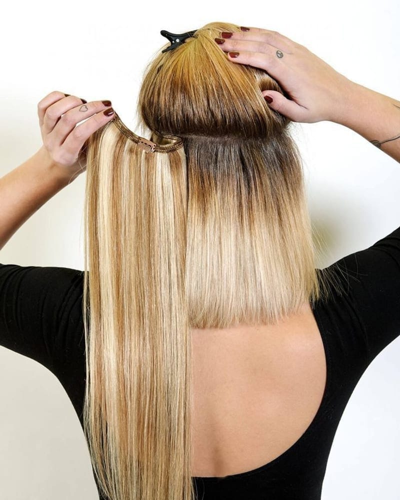 A clip-in weft held against the hair to show how the piece sits before fitting