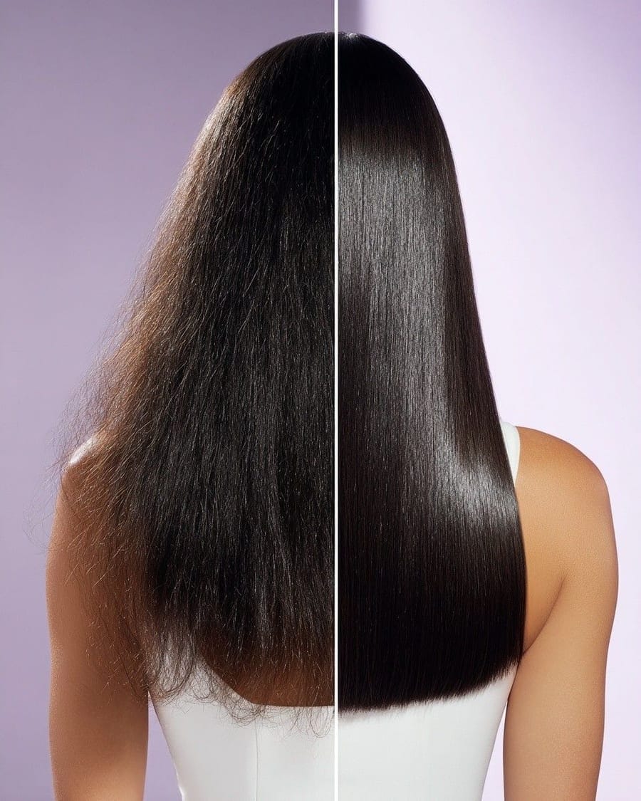 Frizzy hair on one side and smooth, straightened hair on the other after a Brazilian smoothing treatment