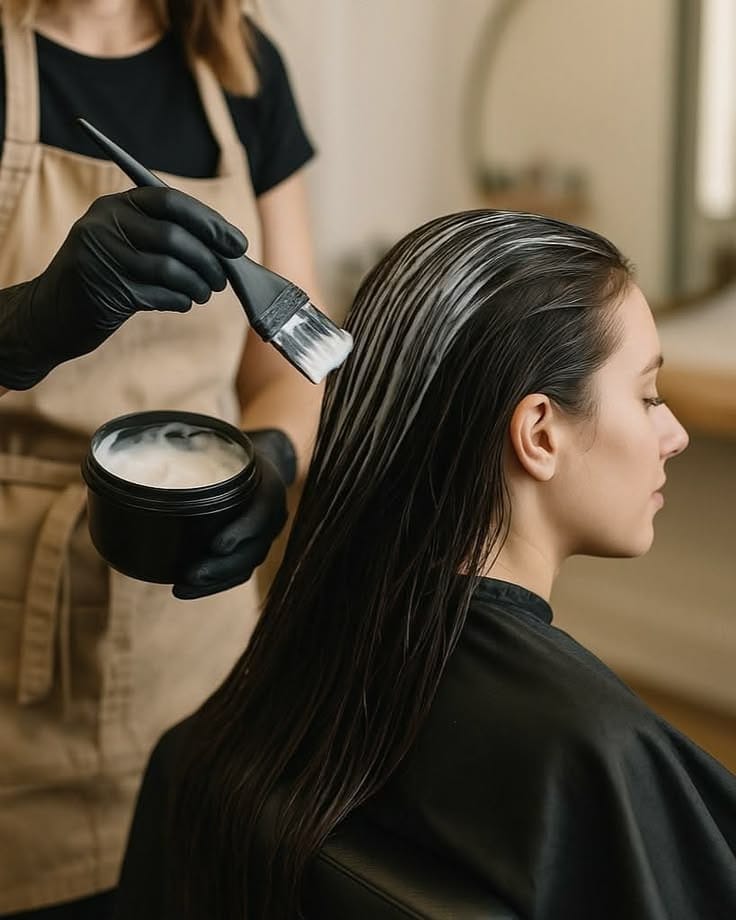 A deep conditioning mask being worked through mid-lengths and ends