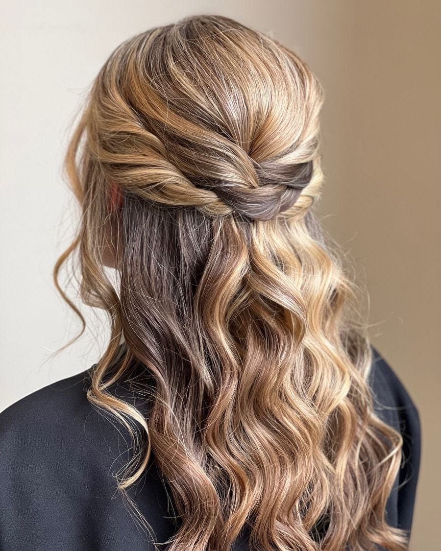 Half-up style with a twisted crown and long waves left loose
