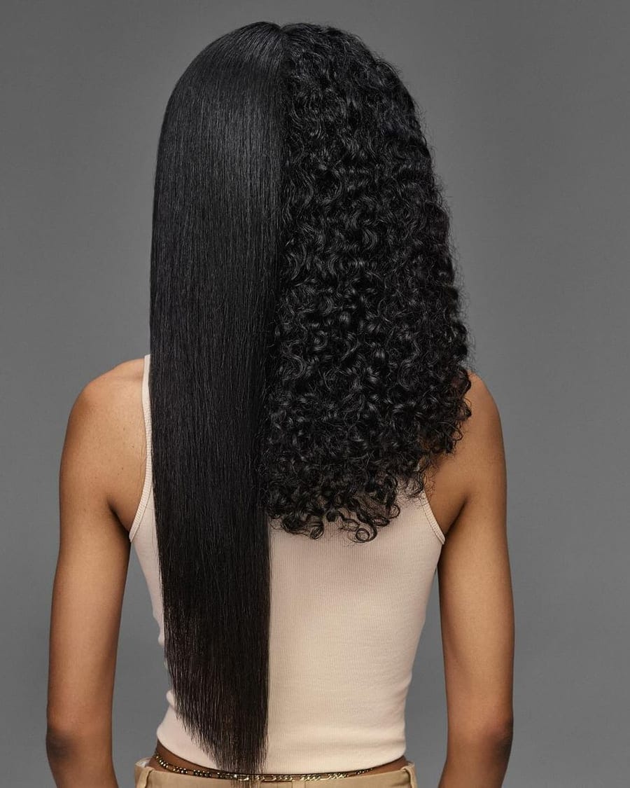 Pin-straight dark hair beside its natural curl pattern after Japanese straightening